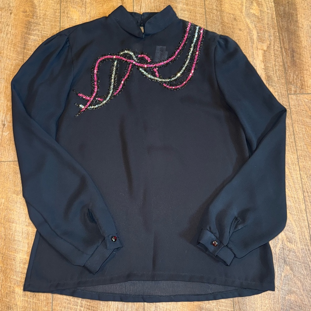 Women’s Sheer Black Sequined Blouse - Jolene Fashions - Size 10